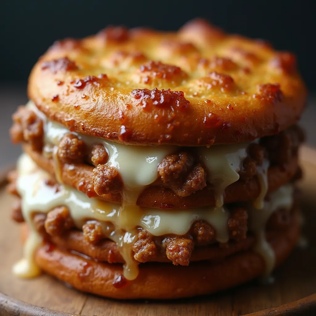 Golden brioche buns filled with savory beef and dripping cheese stacked in layers