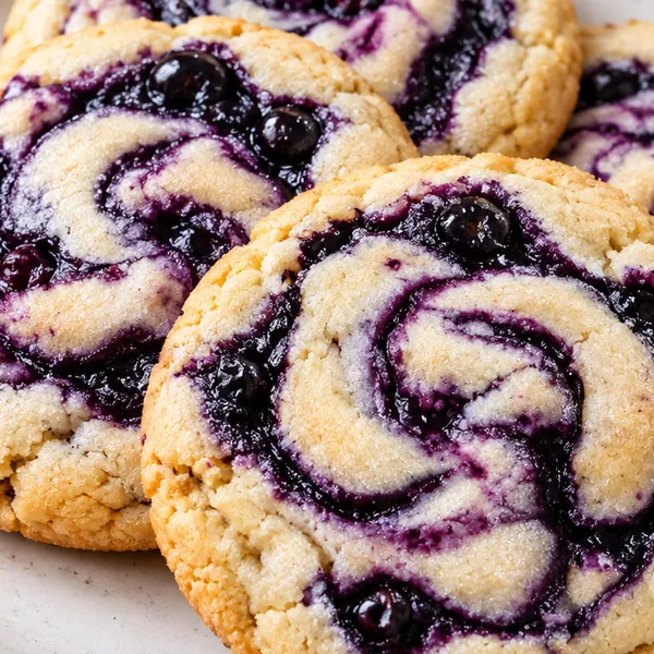 Close-up of the glossy blueberry compote and cracked cookie edge texture