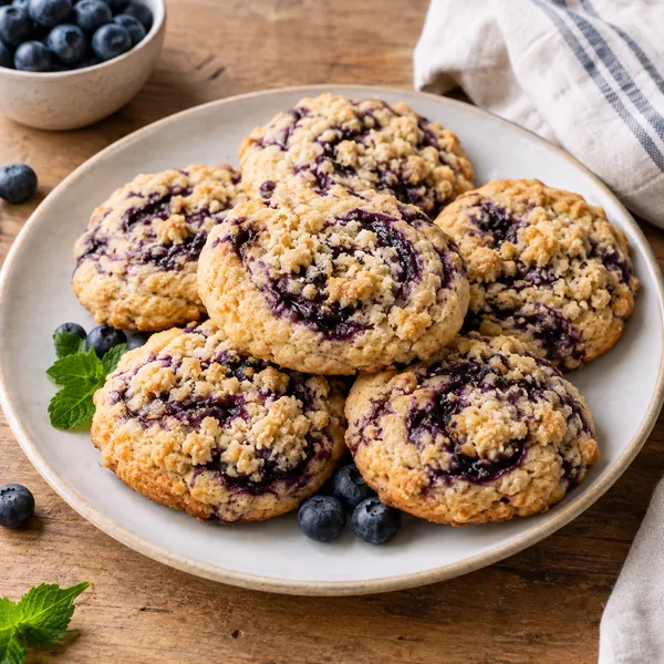 A stack of swirl blueberry crumble cookies on a cooling rack