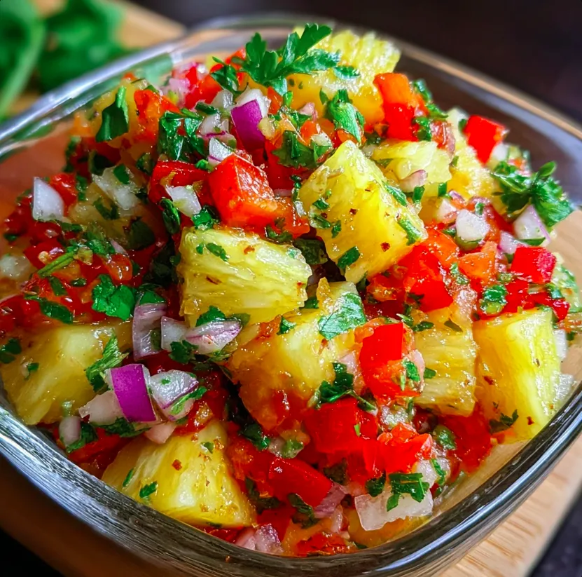 Vibrant tropical salsa featuring golden pineapple chunks mixed with red peppers and herbs