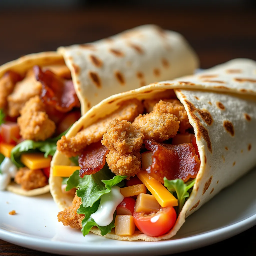 Mouth-watering chicken wrap with crispy breaded chicken, bacon, lettuce, tomatoes wrapped in flour tortilla
