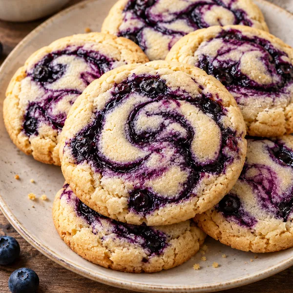 Overhead view of several cookies cooling on parchment with visible swirls