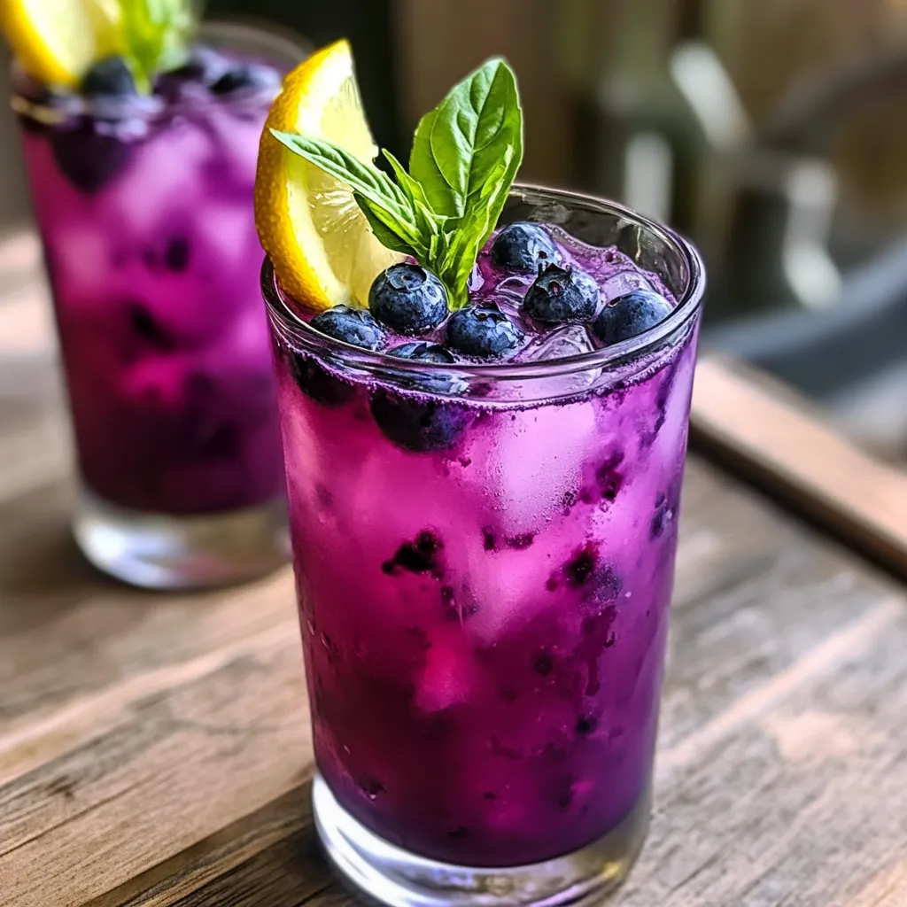 Vibrant magenta colored herbal mocktail topped with fresh blueberries and basil leaves