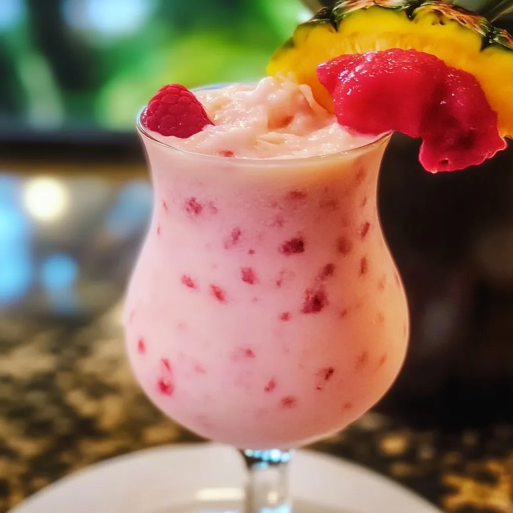 Tropical pink flamingo cocktails in hurricane glasses with fresh pineapple garnish summer drinks