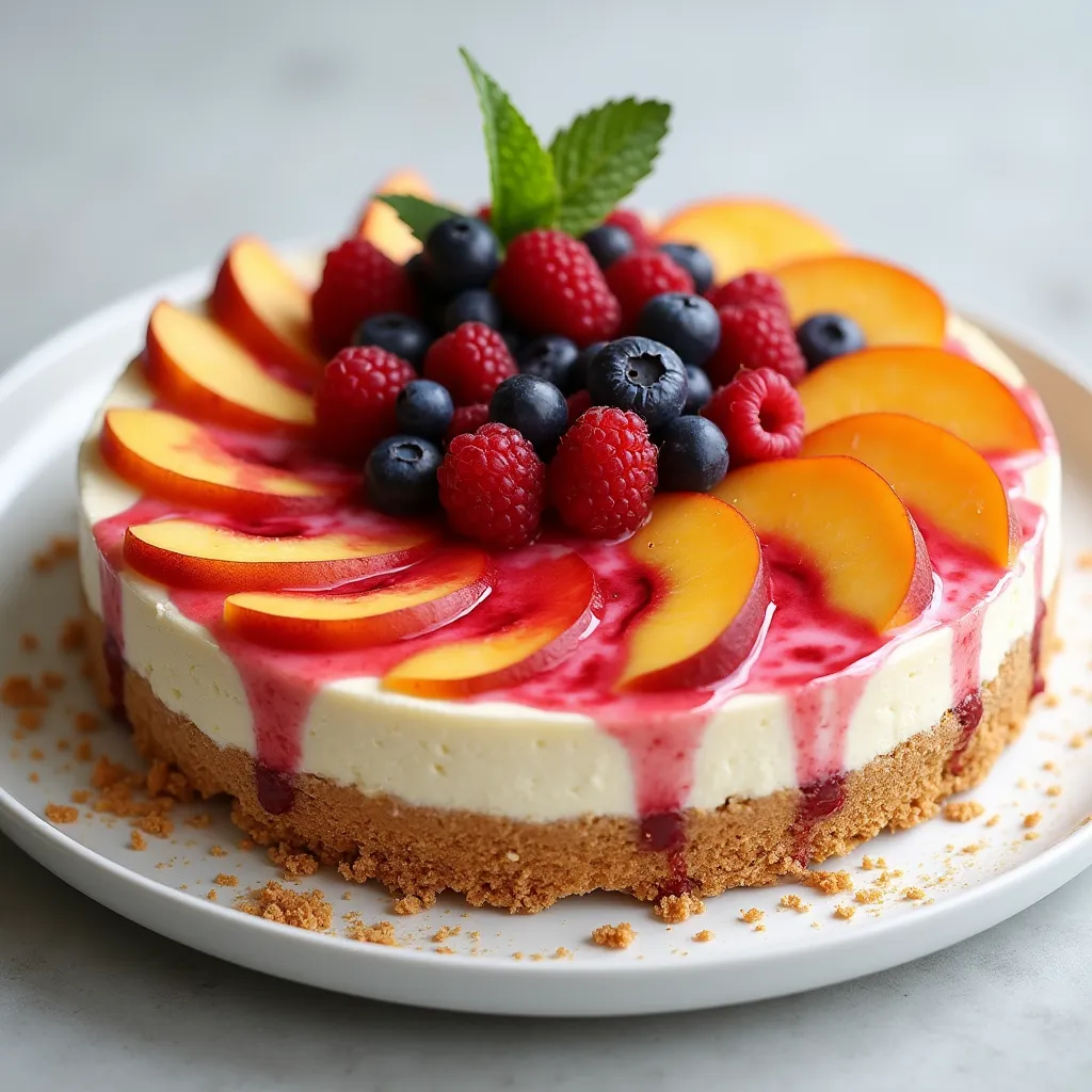 Delicious summer dessert featuring a smooth cheesecake with vibrant berry swirls and juicy fresh fruit toppings.