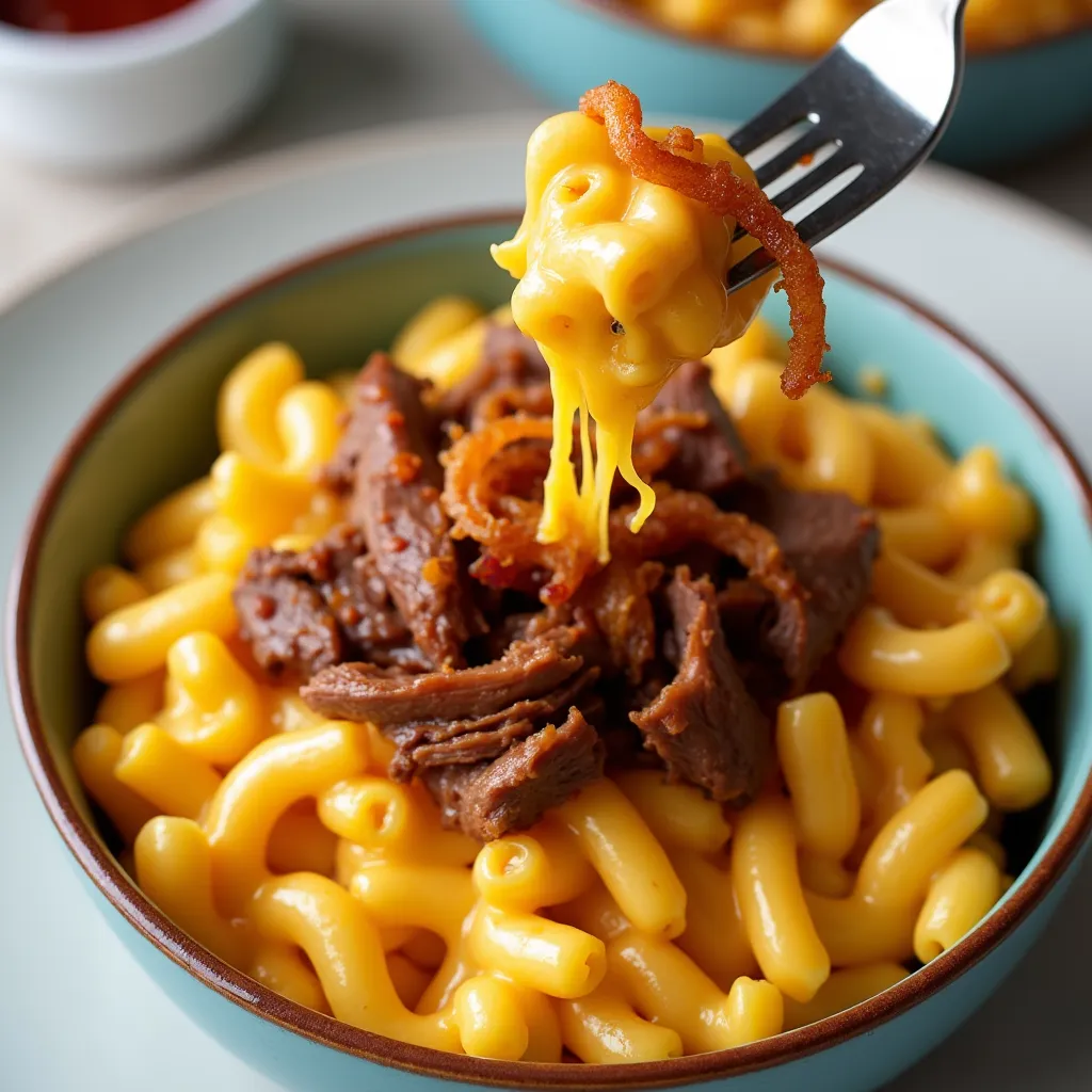 Ultimate comfort food fusion combining velvety mac and cheese with tender BBQ brisket and crunchy onion strings.