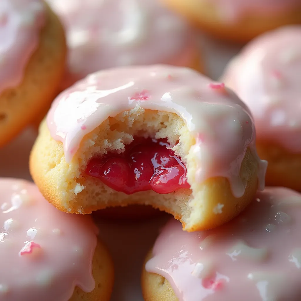 Soft buttery mini cakes with sweet-tart raspberry jam center and creamy vanilla icing on top