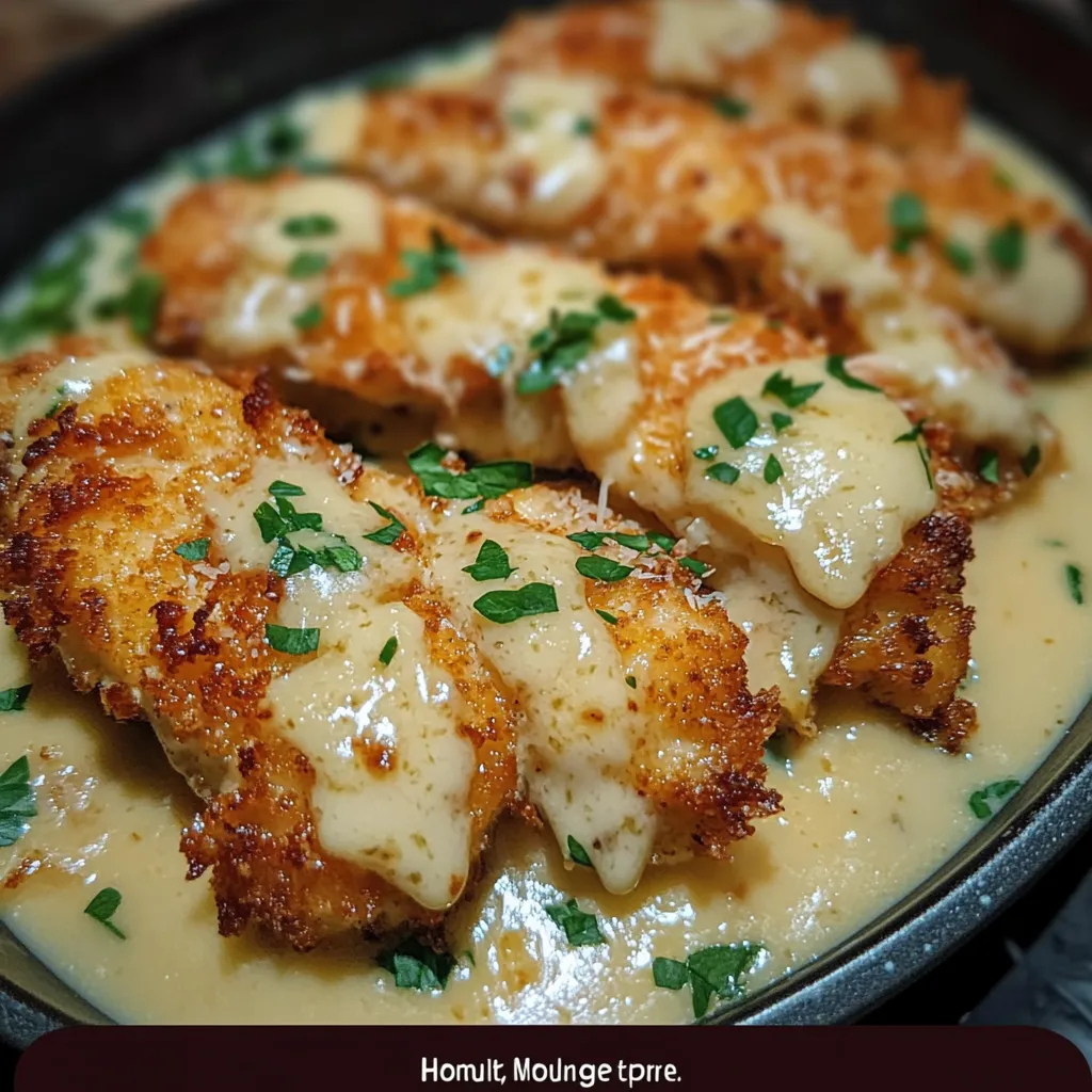 Restaurant-quality breaded chicken with perfect golden crust in rich garlic cream sauce