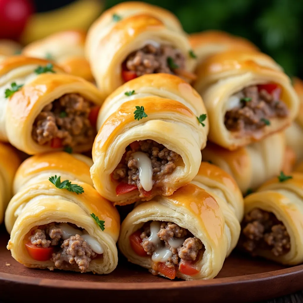 Delicious beef and cheese stuffed crescent roll appetizers piled high on a wooden serving platter