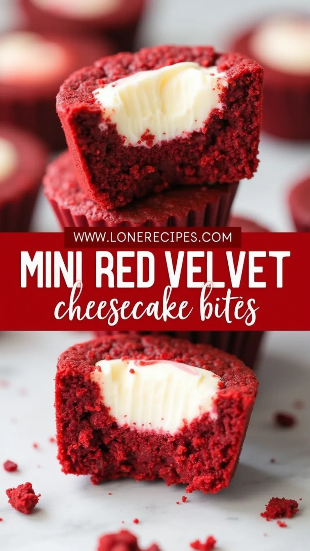 Cross section view of red velvet cupcakes showing cream cheese center with crumbs