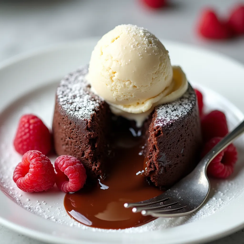 Elegant dessert featuring warm chocolate cake with flowing center, premium vanilla ice cream and seasonal berries