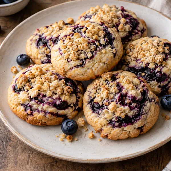 Overhead tray of cookies cooling with scattered fresh blueberries