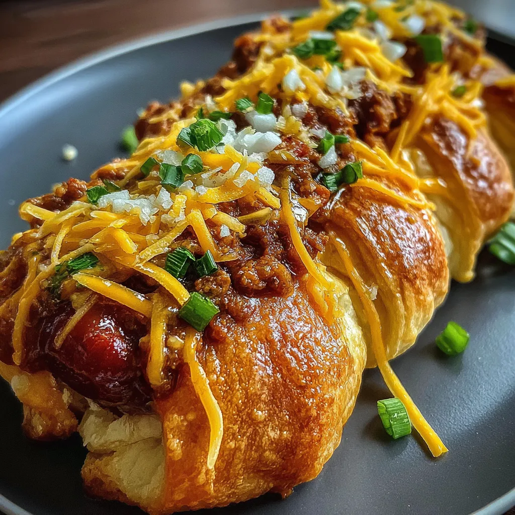 Delicious homemade chili dog wraps in flaky pastry with colorful toppings and herbs