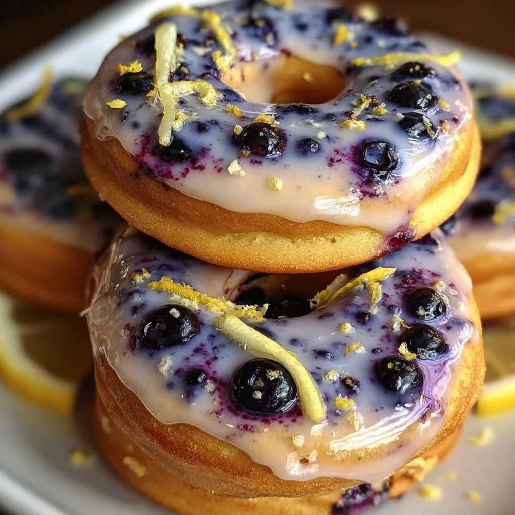 Golden fluffy donuts with purple blueberry glaze and fresh berries on top