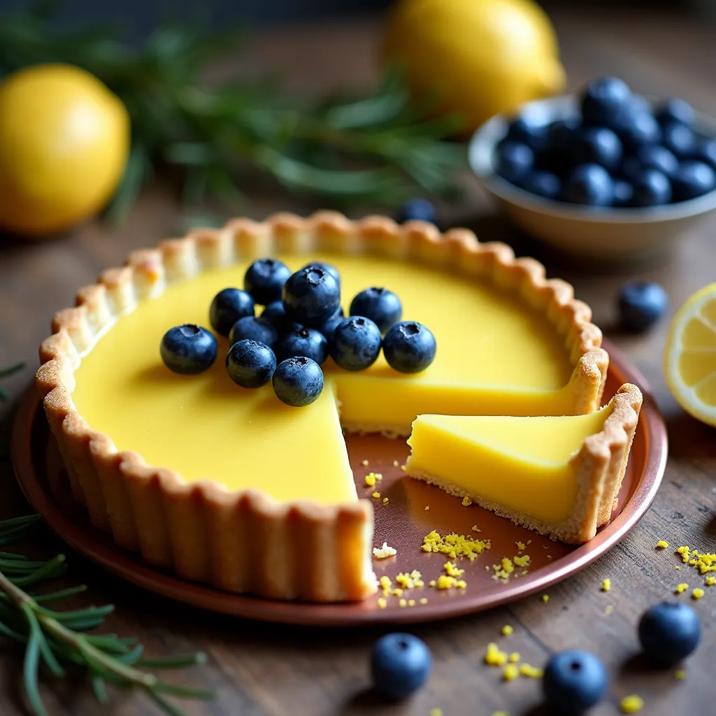 Homemade lemon custard tart garnished with plump blueberries and lemon zest on a copper plate
