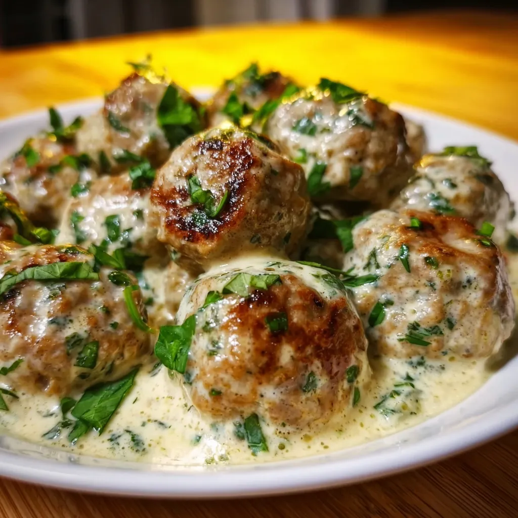 Delicious low carb meatballs with ricotta cheese in rich cream sauce on white plate