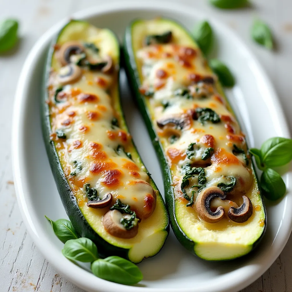 Low-carb stuffed zucchini halves with cheesy spinach and mushroom filling on a white ceramic plate