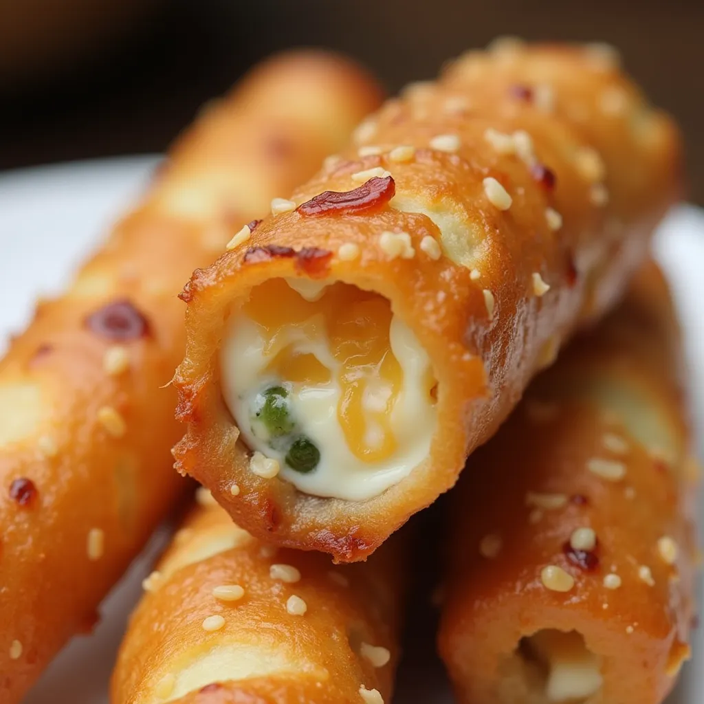 Delicious fried appetizers with cheese oozing out of crispy wonton wrappers topped with sesame seeds.