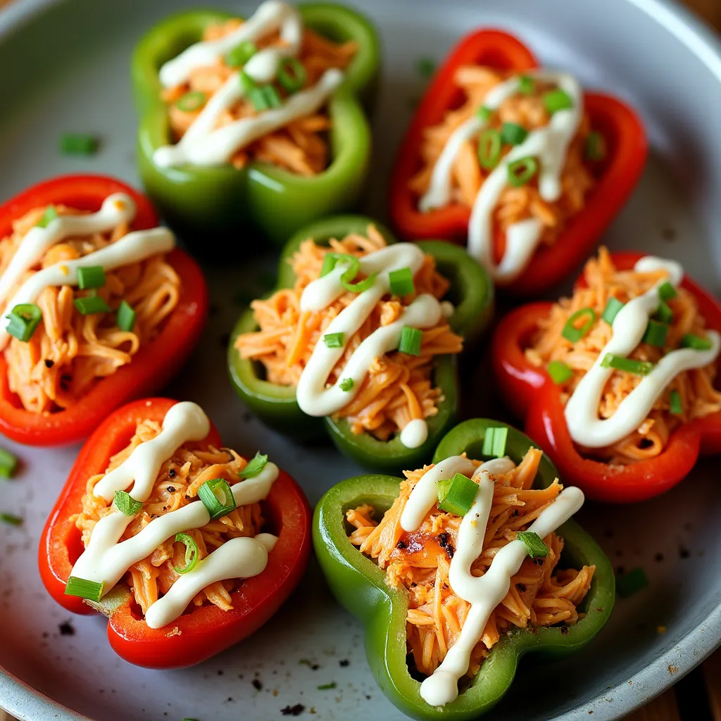 Colorful stuffed peppers filled with spicy buffalo chicken and drizzled with creamy ranch sauce.