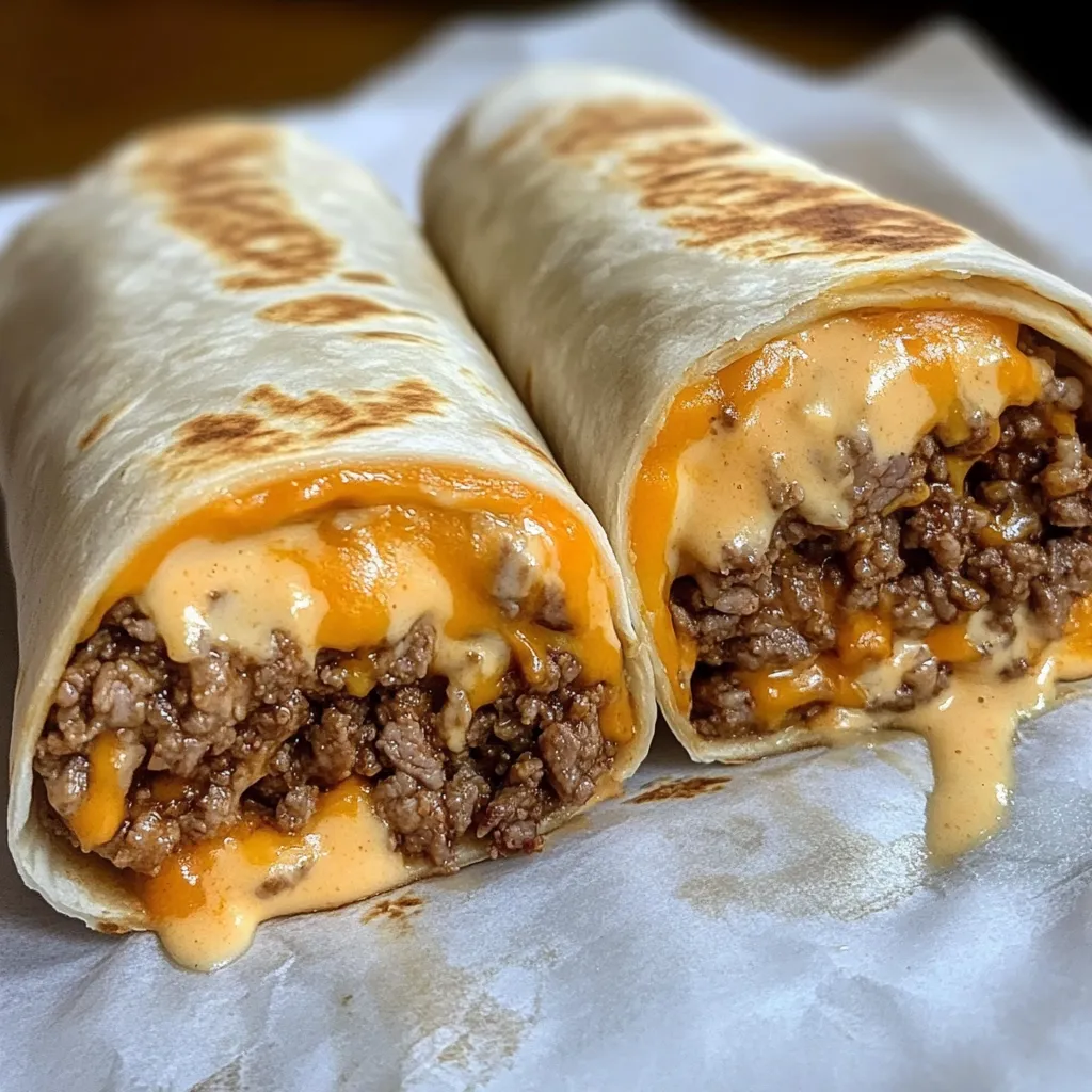 Two perfectly wrapped beef and cheese burritos cut in half revealing generous filling of seasoned ground beef and melted orange cheddar cheese