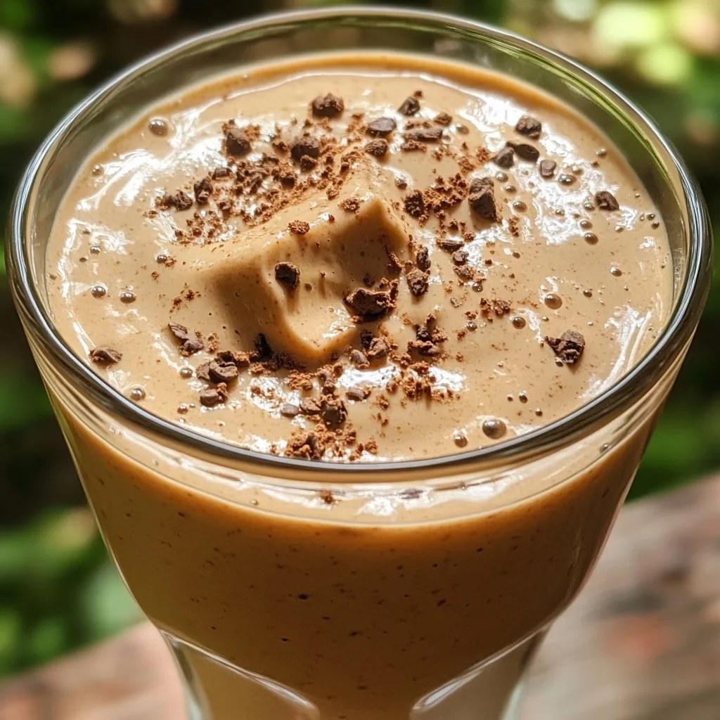 Rich brown coffee smoothie with whole coffee beans garnish and cafe presentation