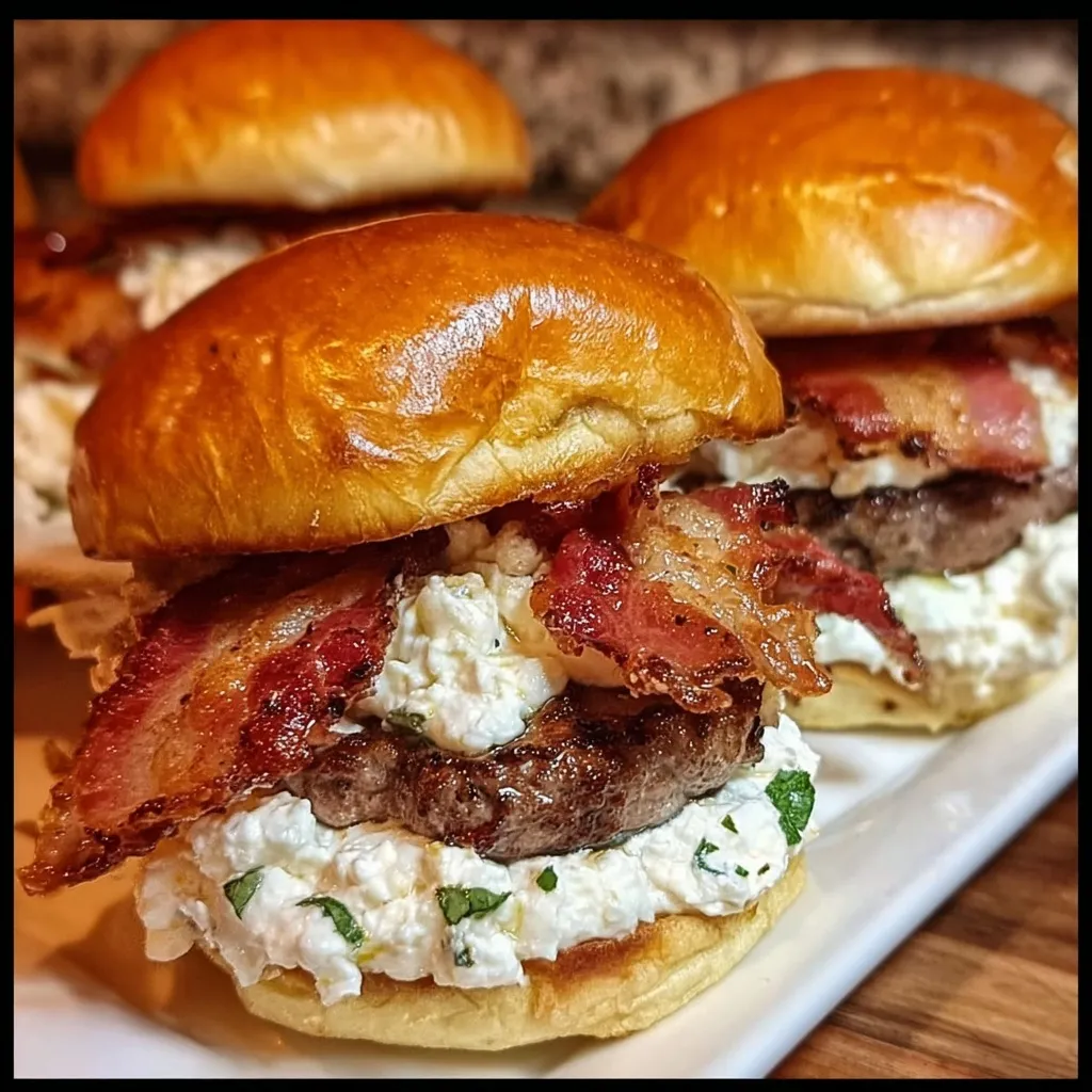 Juicy beef patty topped with bacon and herbed cream cheese on artisan burger bun