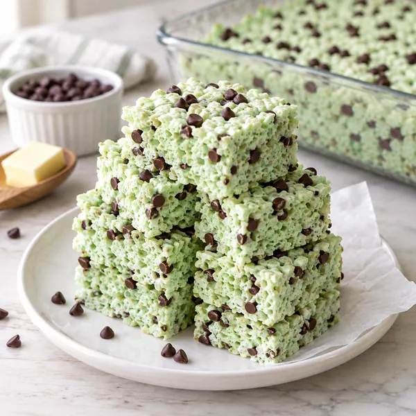 Stacked mint green Rice Krispie squares with mini chocolate chips