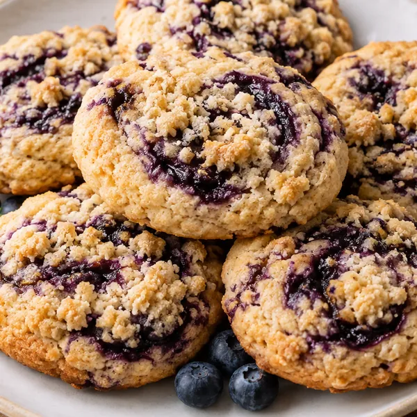 Close-up of jammy blueberry swirl and toasted oat crumble texture