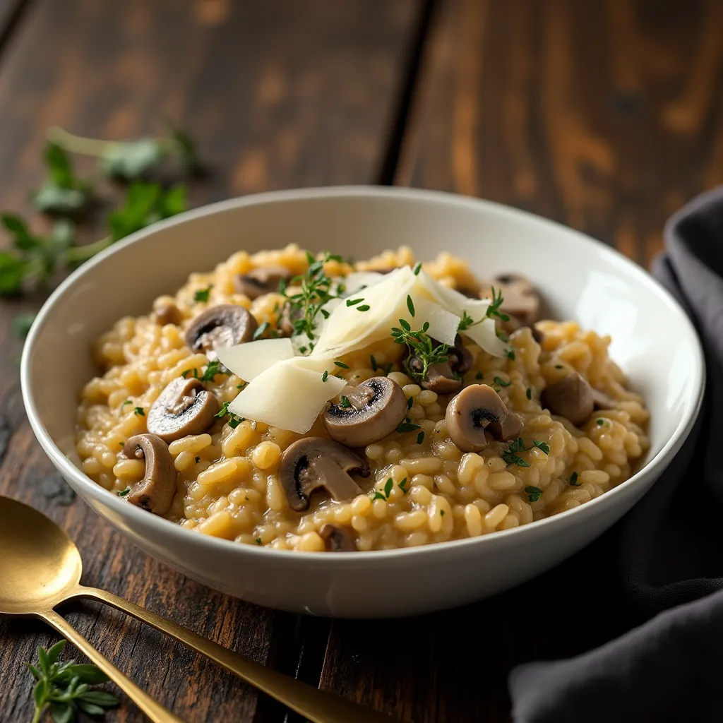Golden arborio rice cooked to perfection with sautéed mushrooms and garnished with cheese