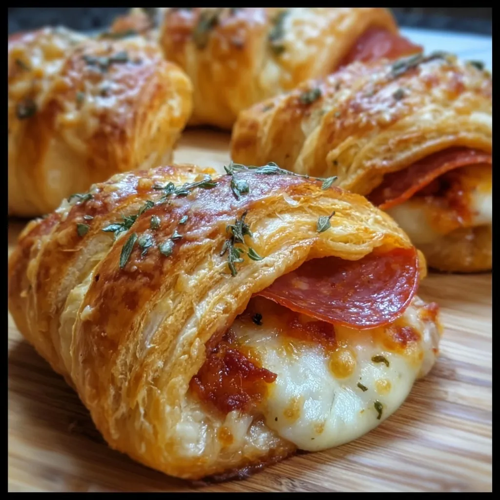 Golden flaky mozzarella pepperoni croissant rolls with melted cheese and crispy pastry layers