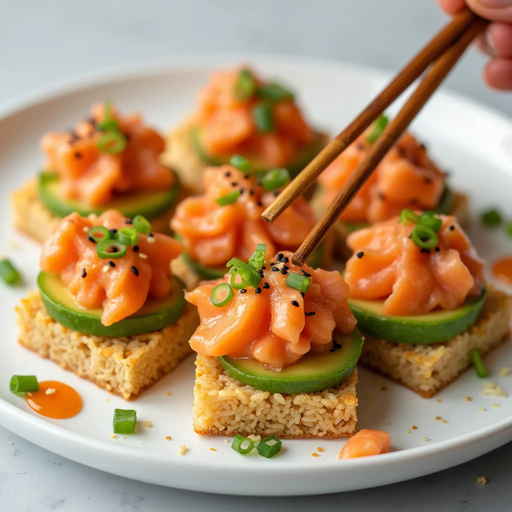 Homemade sushi inspired appetizers featuring golden crispy rice bites topped with salmon and avocado.