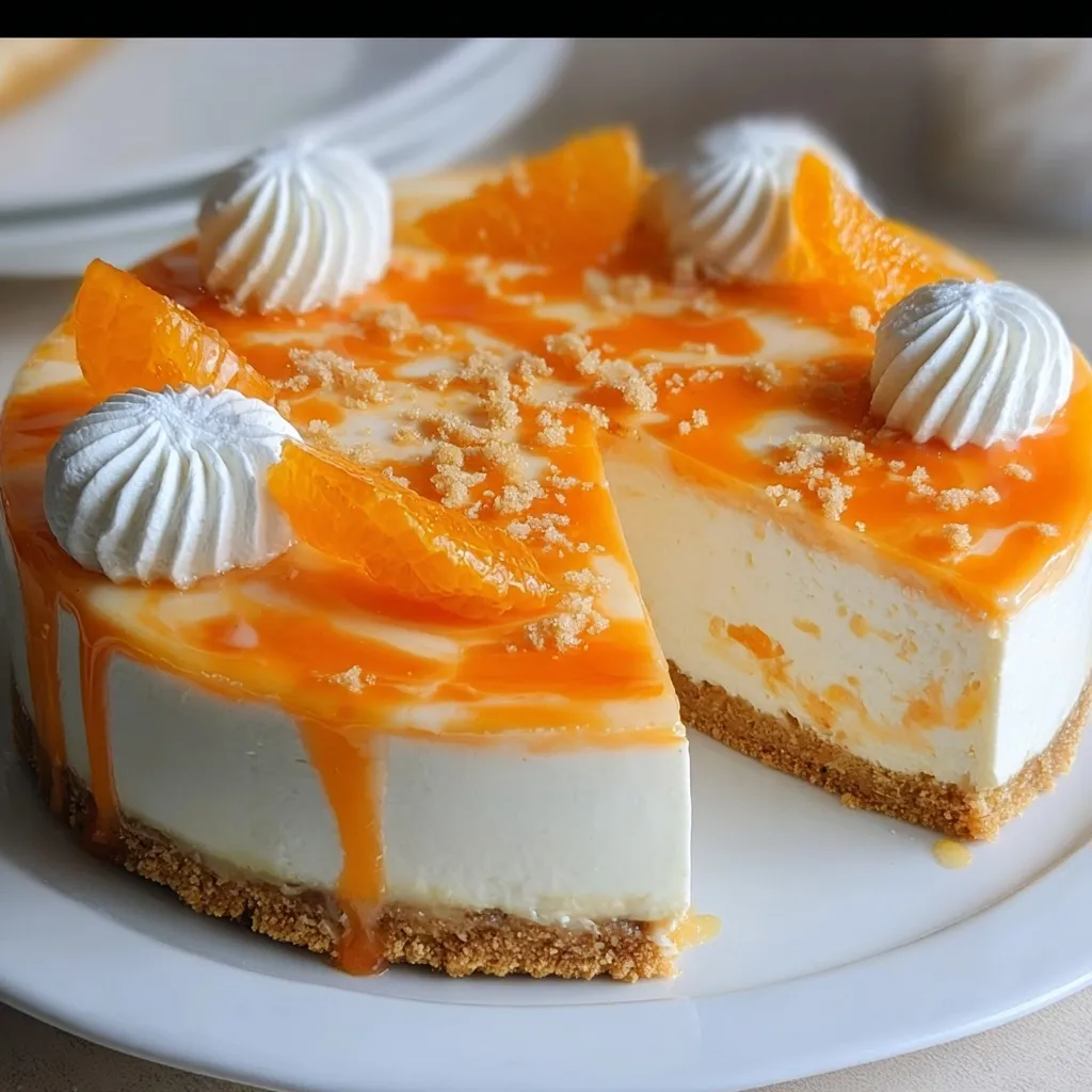 Creamy orange and vanilla swirled cheesecake slice showing perfect layers and smooth texture