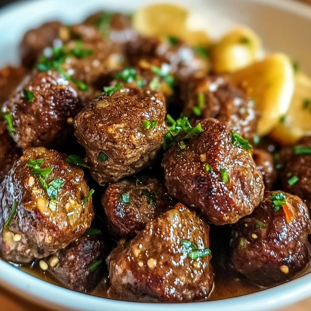 Slow cooker garlic butter beef bites served with crispy potatoes and fresh parsley on white plate