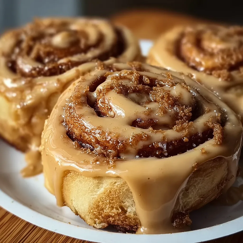 Freshly baked spiral pastries filled with cookie butter and topped with rich cream glaze