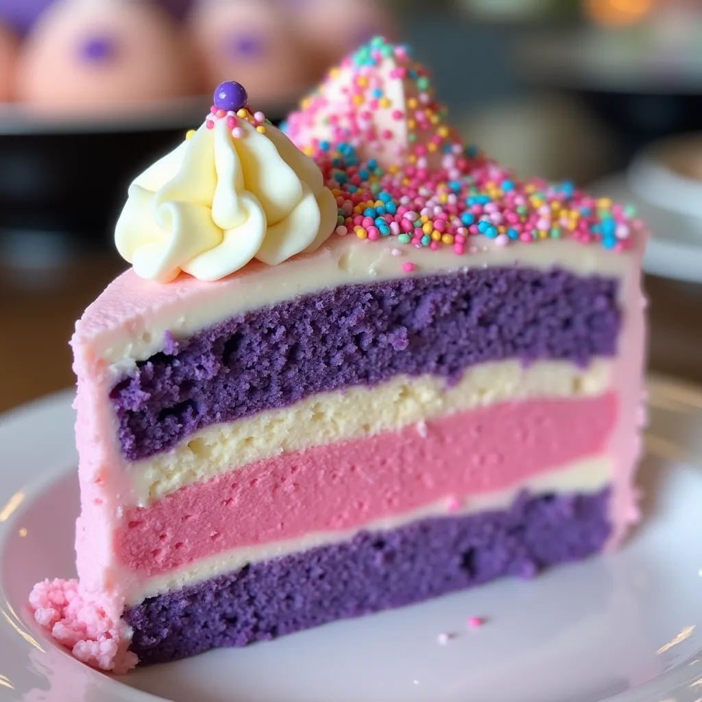 Colorful celebration cake with purple and pink layers topped with festive sprinkles and whipped cream