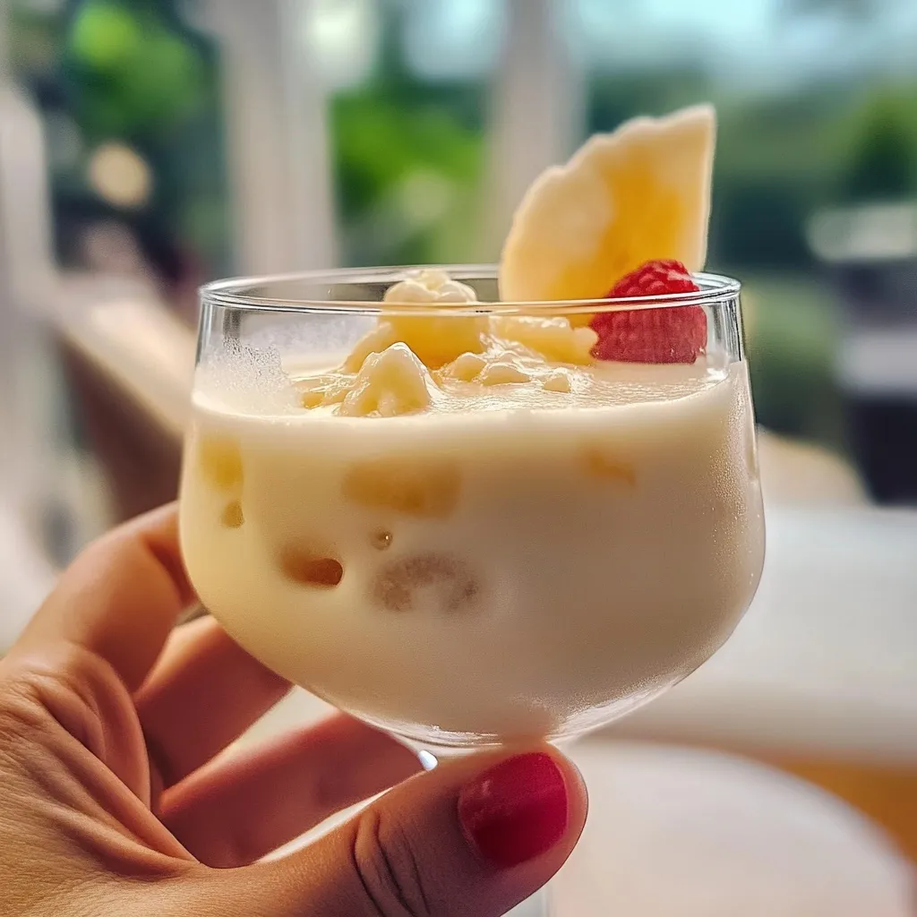Tropical cream liqueur cocktail with pineapple garnish photographed against blurred background