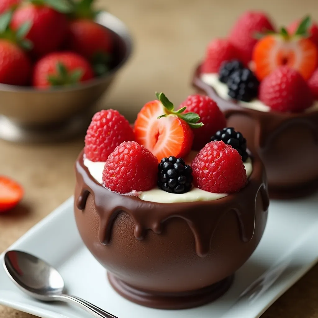 Elegant chocolate dessert cups with smooth custard filling and vibrant fresh berry topping