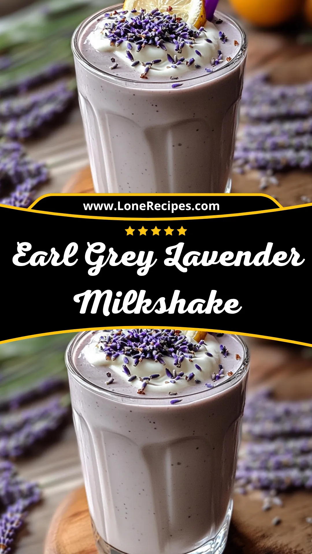 Elegant floral milkshake in tall glass with purple straw, surrounded by fresh lavender sprigs on wooden surface