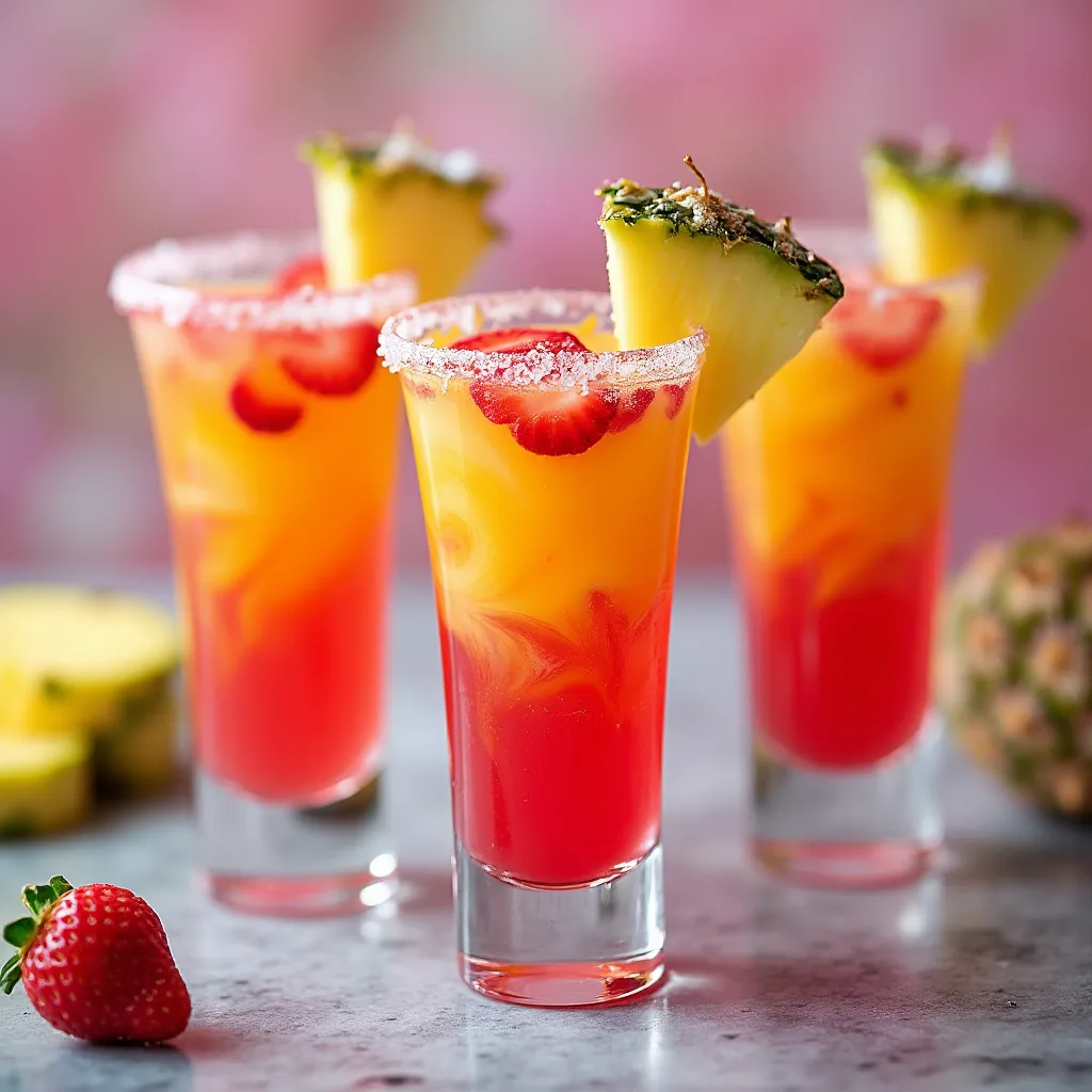 Vibrant three-layer party shots featuring bright pink, orange and yellow fruit liqueurs in a stunning spiral pattern.