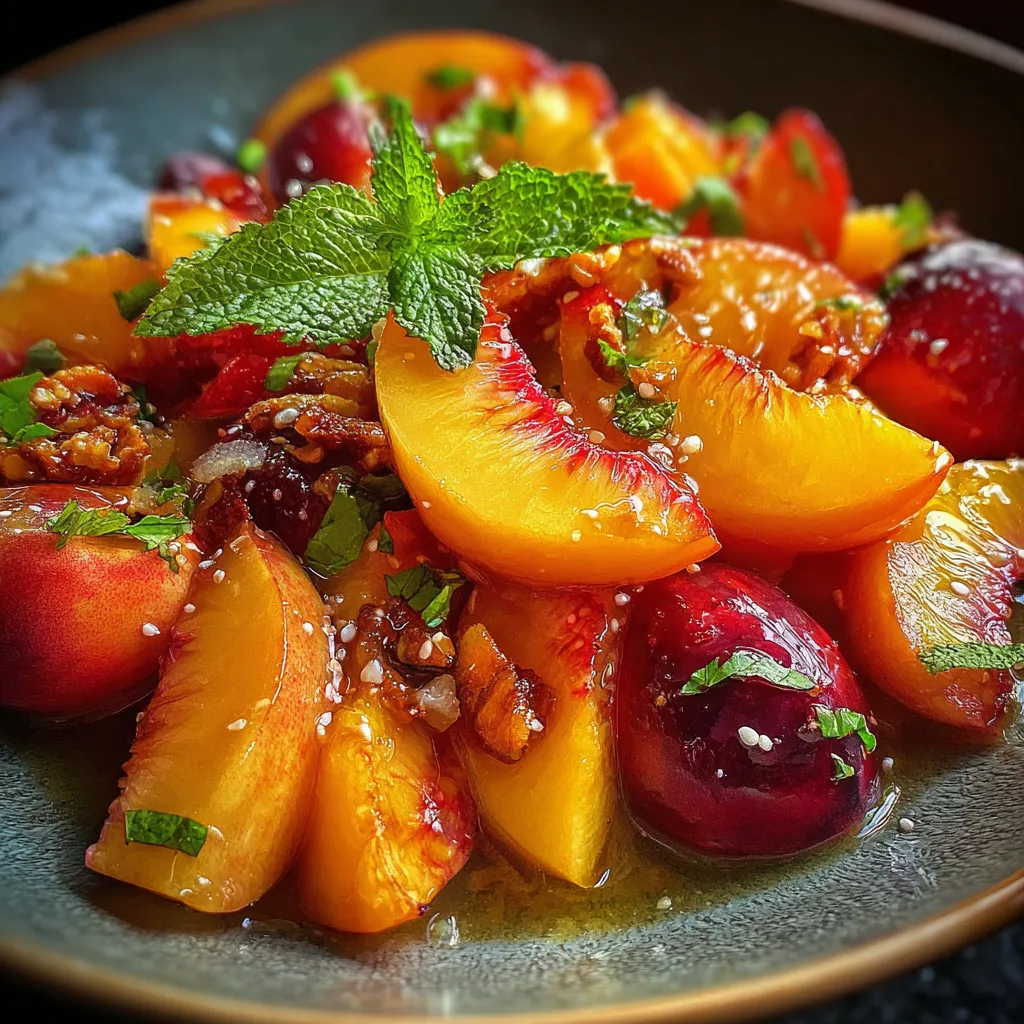 Colorful bowl of sliced peaches mixed with raspberries and fresh herbs