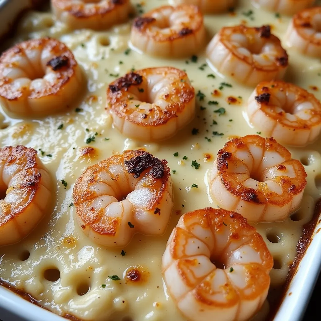 Garlic butter shrimp mac and cheese baked to golden perfection in a white ceramic dish