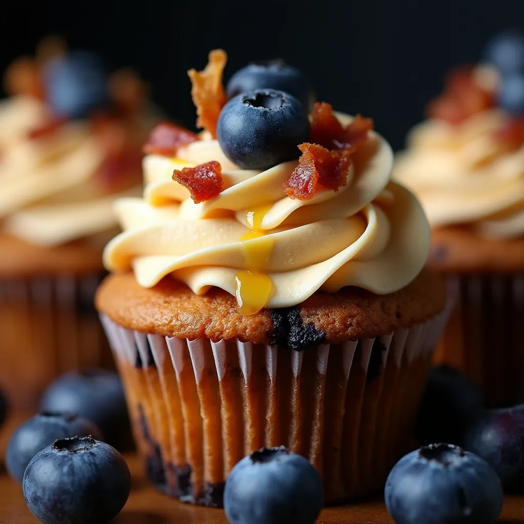 Sweet and savory blueberry cupcakes with caramel frosting, bacon crumbles, and a golden caramel drizzle
