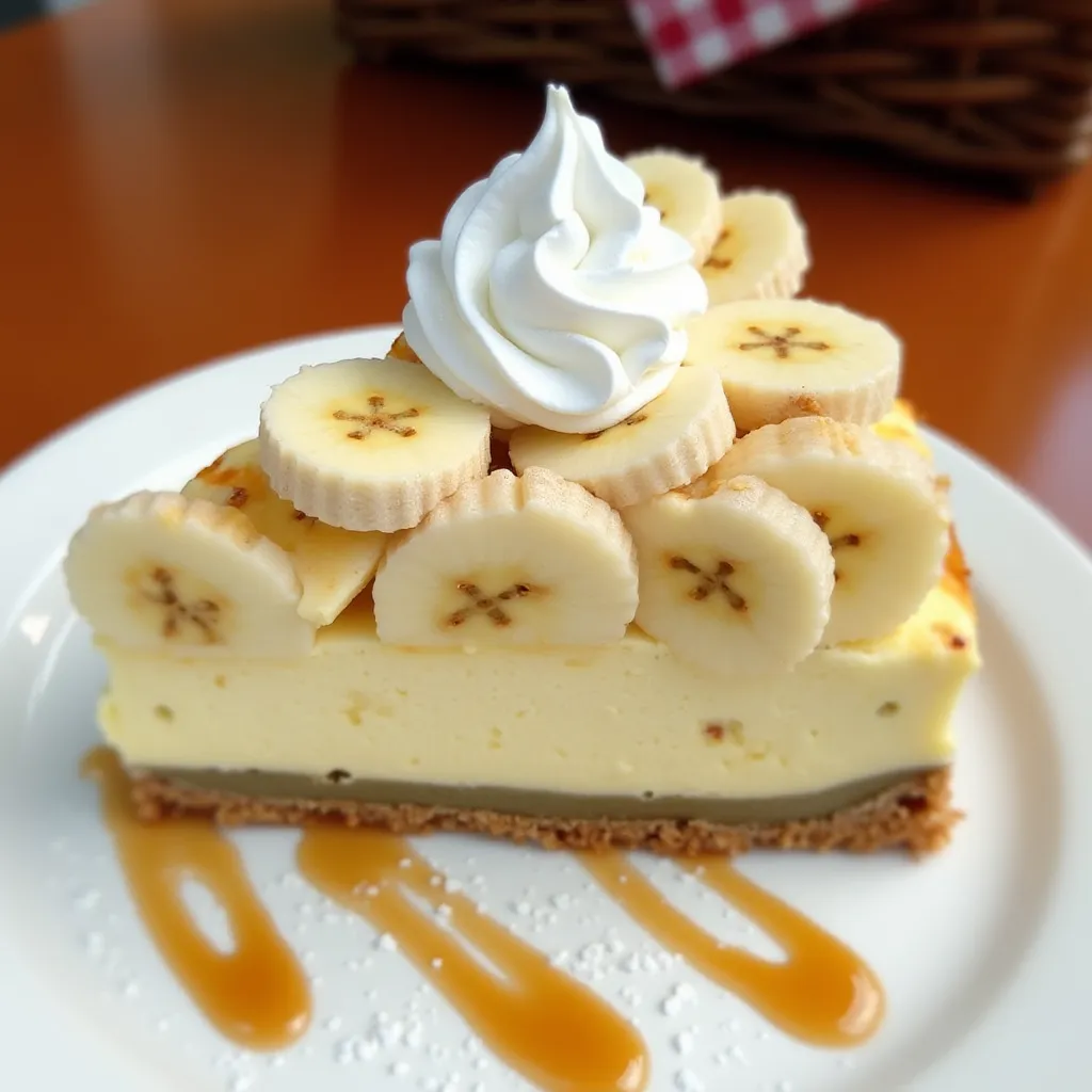 Decadent no-bake banana cheesecake with graham cracker crust, fresh bananas, and sweet caramel sauce