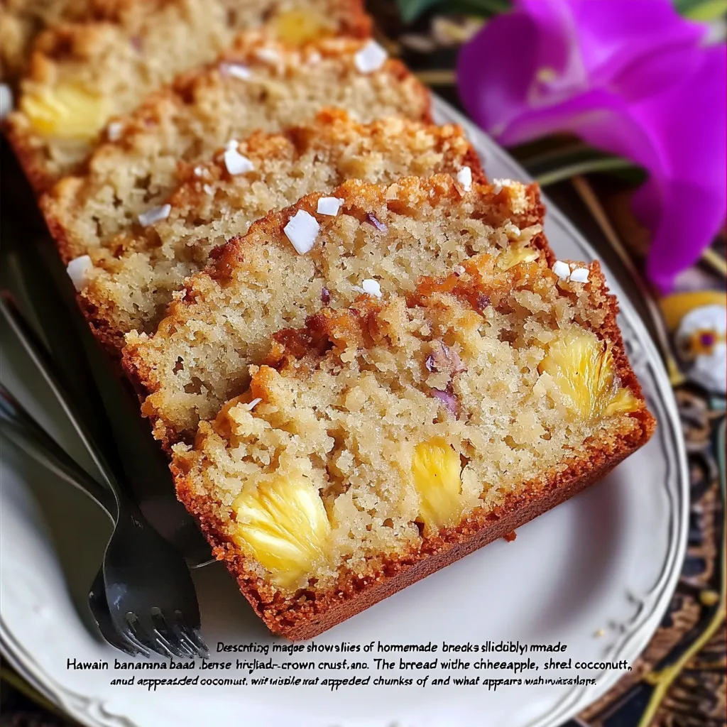 Homemade tropical banana bread with moist crumb texture featuring pineapple pieces and macadamia nuts on white plate