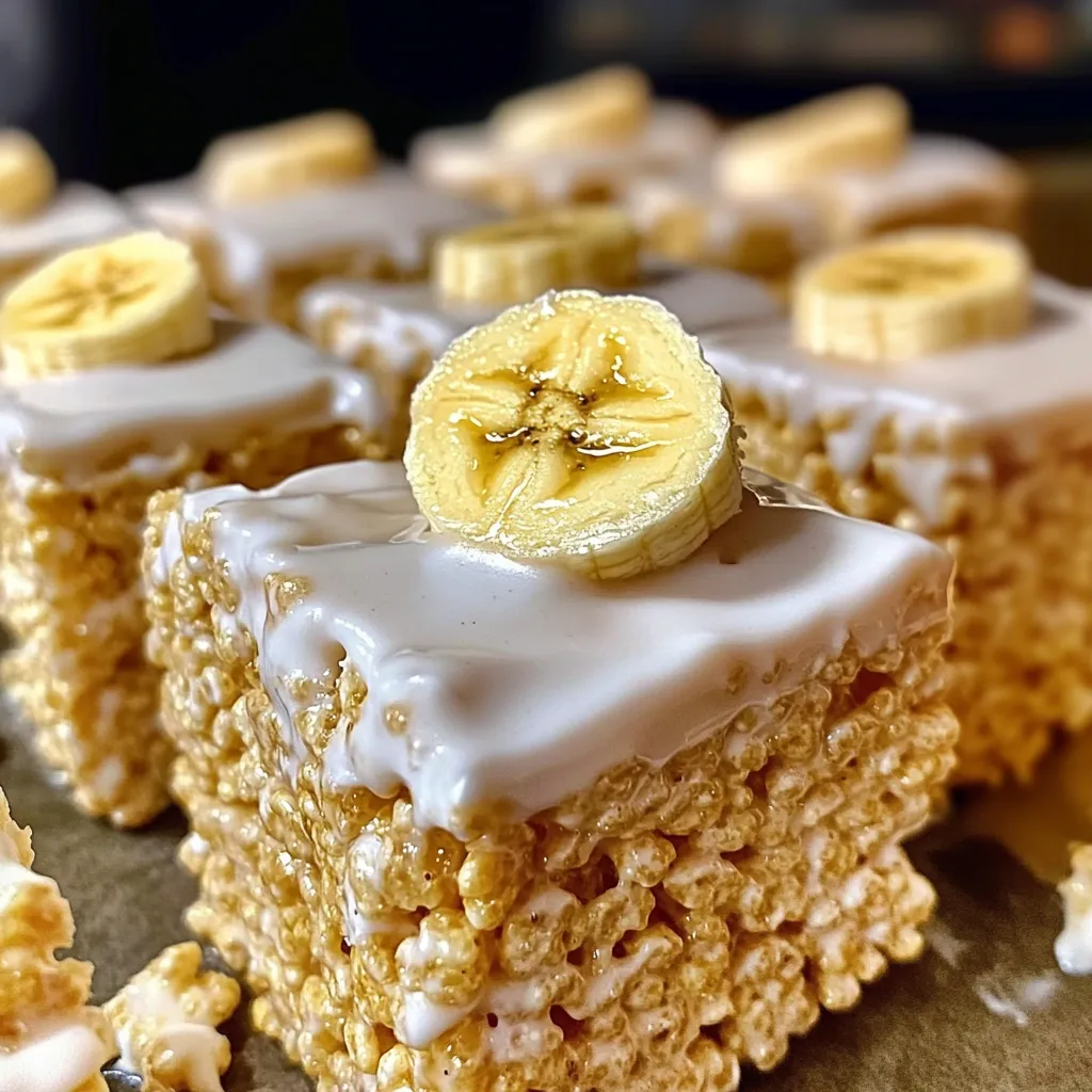 Golden banana pudding rice krispies treats with white chocolate glaze and fresh banana slices