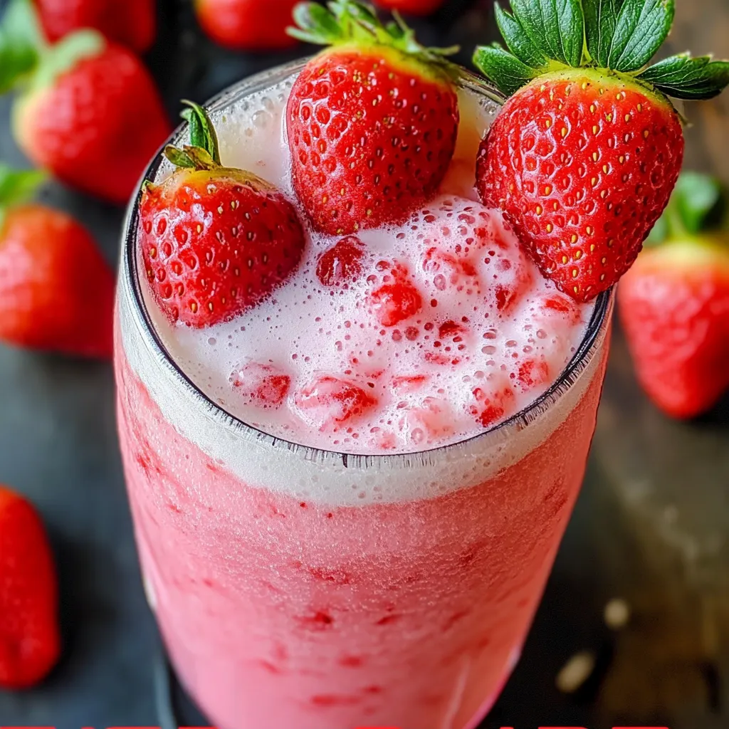Fizzy pink strawberry soda topped with fluffy whipped cream and two fresh strawberries on granite counter