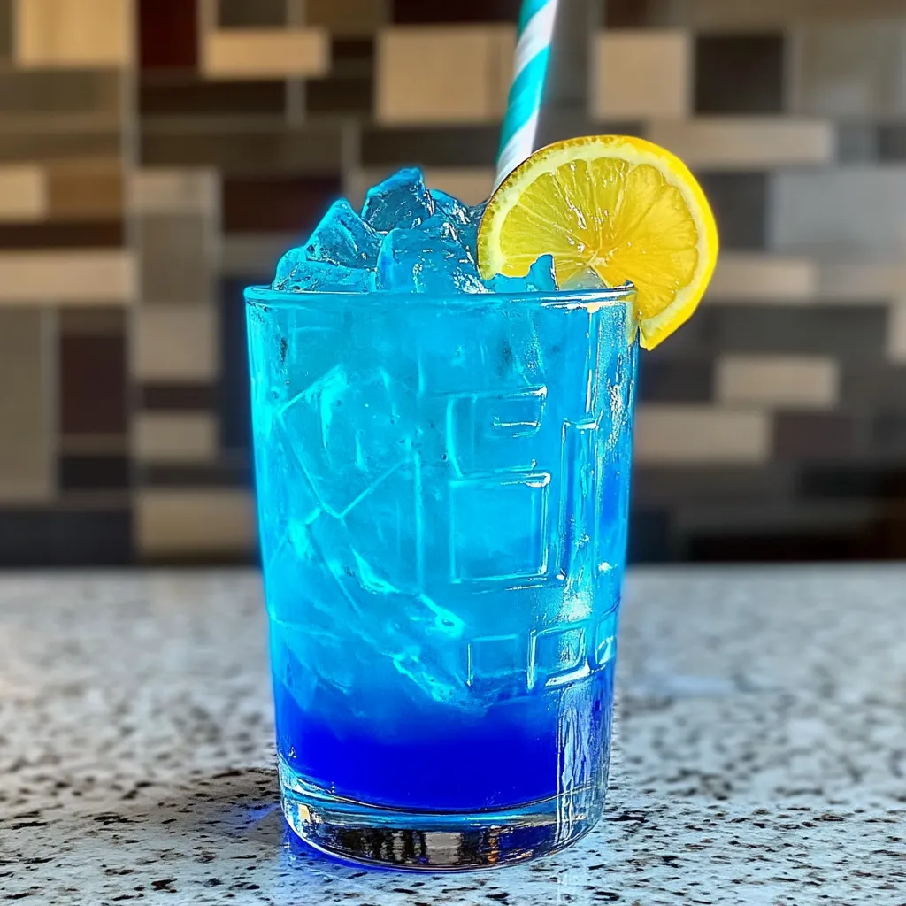 Vibrant blue tropical drink with fresh orange slice garnish on wooden bar surface