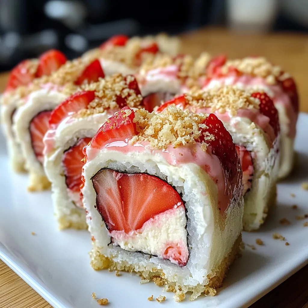 Elegant dessert sushi featuring fresh strawberries cream cheese filling and golden crumb coating