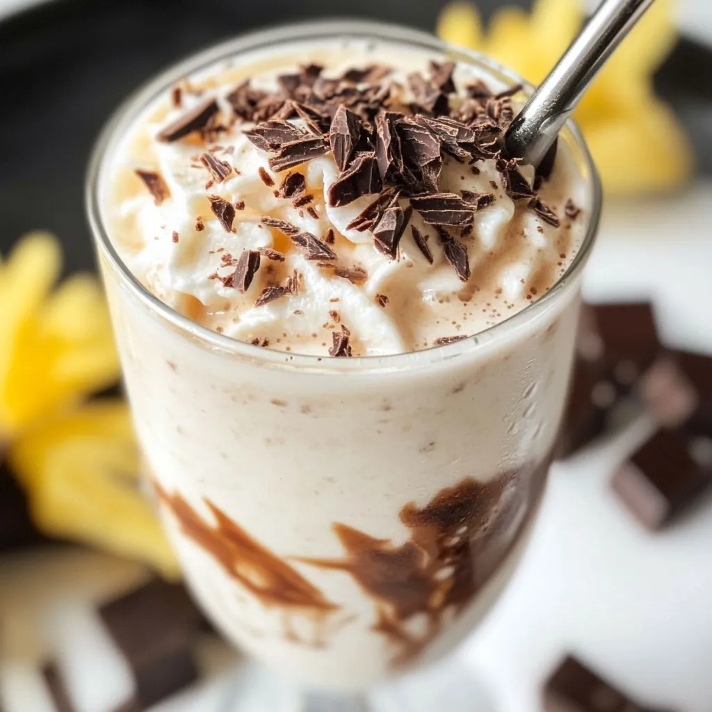 Tropical chocolate drinks with creamy texture chocolate drizzle and pineapple wedges in tall glasses
