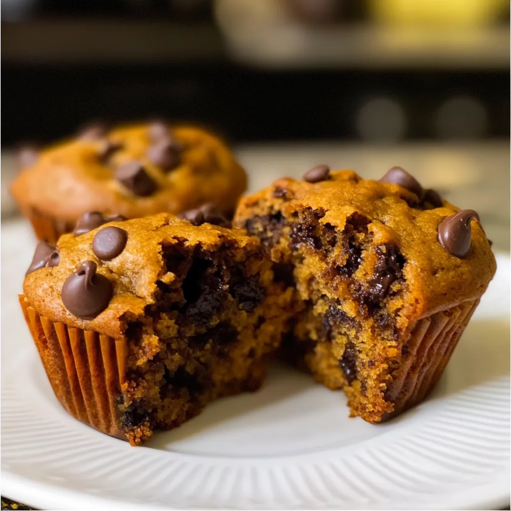 Homemade pumpkin chocolate chip muffins with one broken in half revealing moist interior